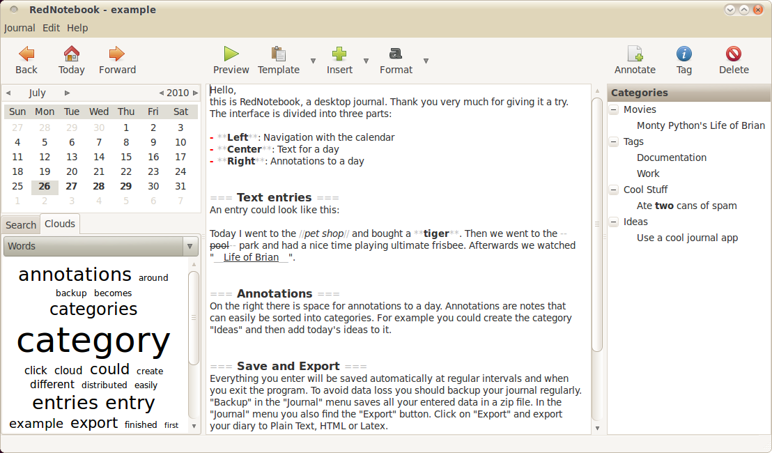 A picture of the desktop journalling software I use for note taking, RedNotebook